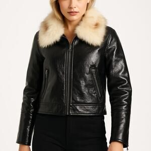 Unreal Fur Wet Look Aviator Jacket Black Faux Leather & Fur Collar Women’s M